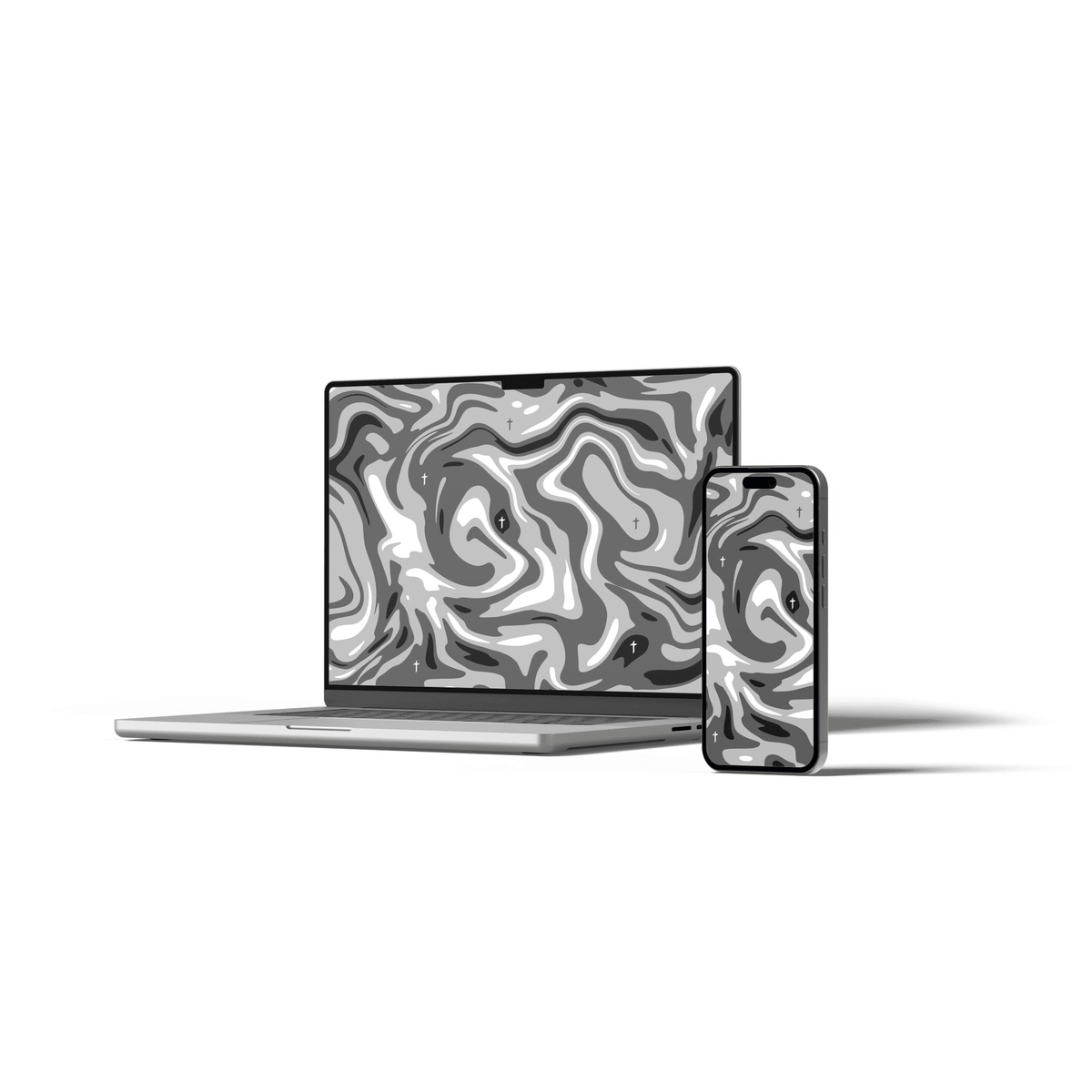 Liquid Wallpaper Bundle on a MacBook and iPhone